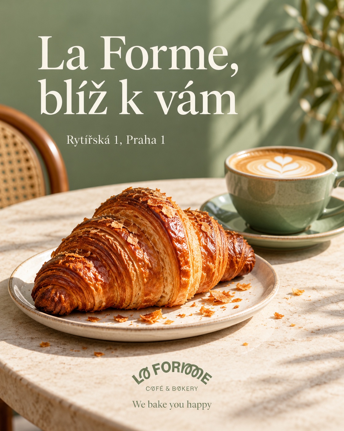 La Forme campaign poster with a croissant, coffee and the line ‘La Forme, blíž k vám’