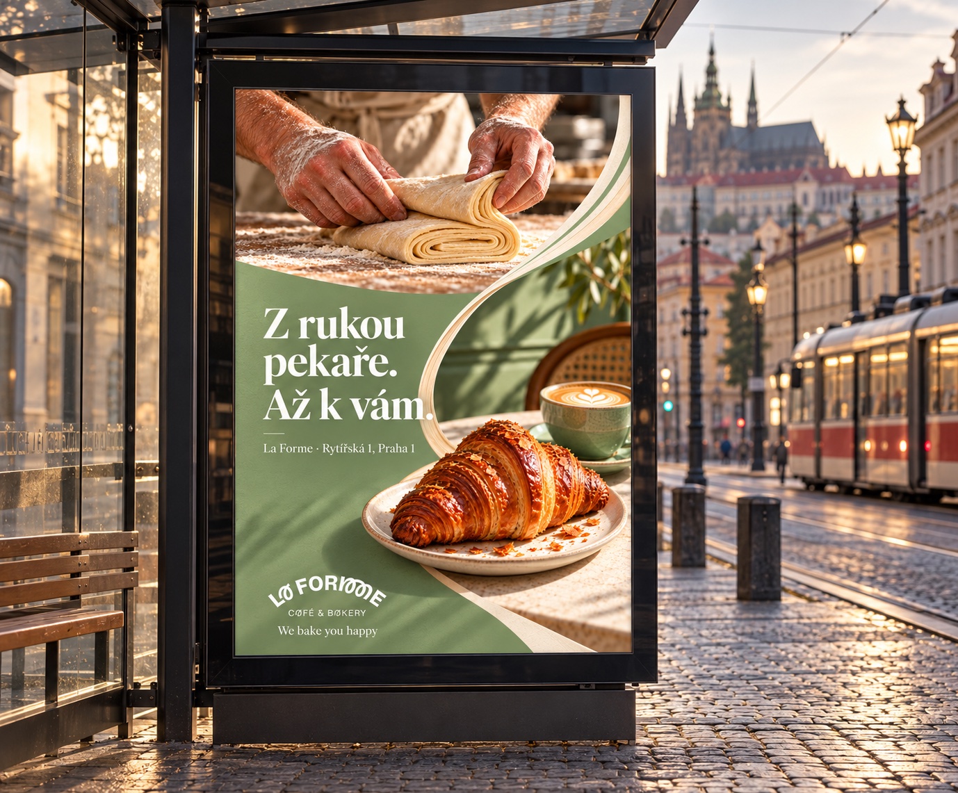 La Forme campaign poster shown in a Prague shelter panel